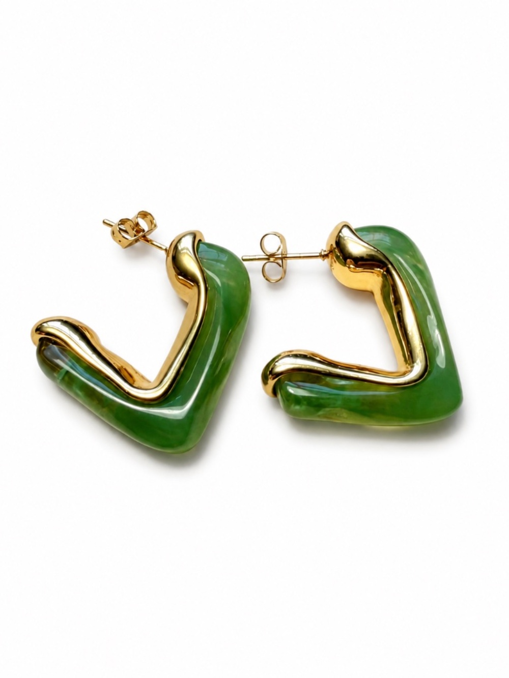 Green Resin Hoop Earrings, 18K Gold Plated, Modern Chunky Hoops, Gift for Her
